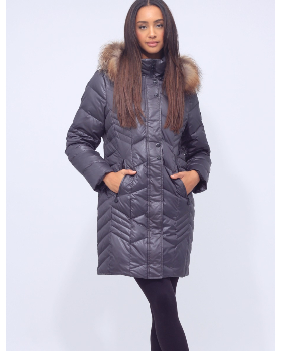 Long Down Dual Chevron Quilted Puffer with Genuine Fur Trim Hood by Normann