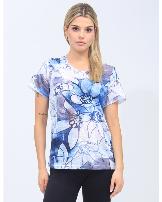 Short Sleeve Floral Top With Lace Trim By Moffi