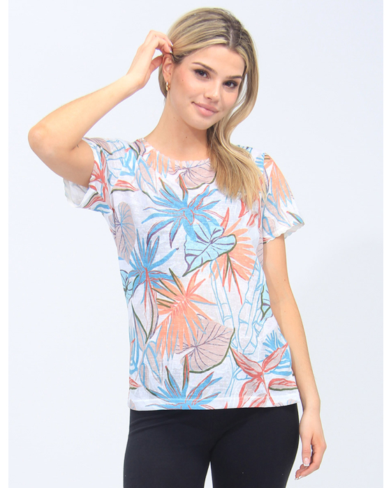 Vibrant Short Sleeves Floral Print Top with Lace Detail by Moffi