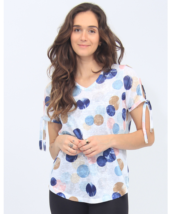 Polka Dot V-Neck Top with Short Sleeves by Moffi