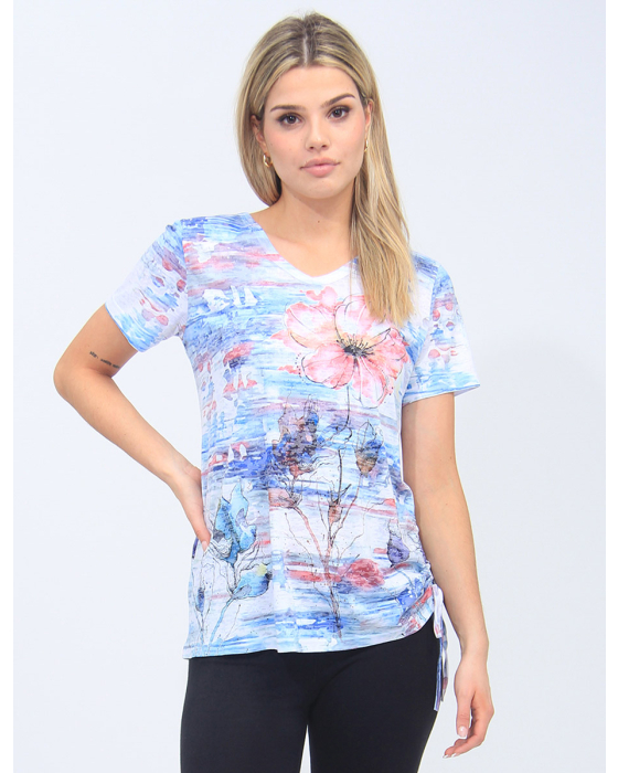 Floral Short Sleeve Top with Gather on One Side By Moffi