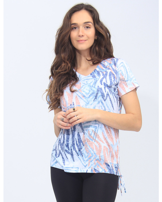 Short Sleeve Top With Abstract Geometric Design And Side Gather Detail By Moffi