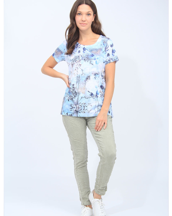 Abstract Floral Top With Decorative Rhinestones On The Front By Moffi.