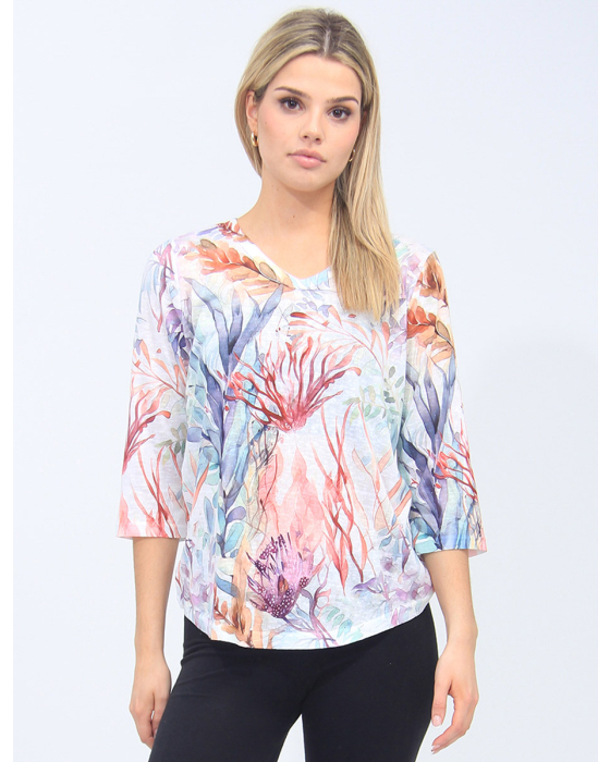 Abstract Leaves Pattern Top With 3/4 Sleeves By Moffi.