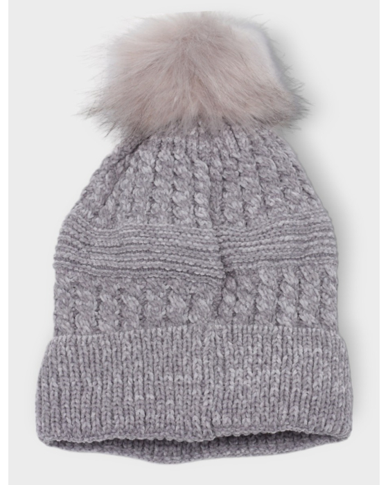 Solid Chunky Cable Knit Faux Fur Pom-pom and Fleece Lined Beanie by Saki