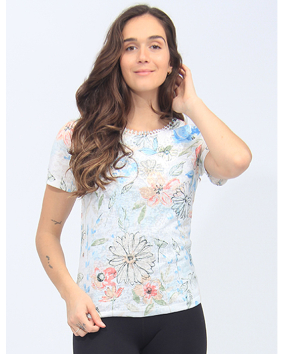 Lace-Trimmed Neckline Short Sleeve Printed Top By Beta's Choice