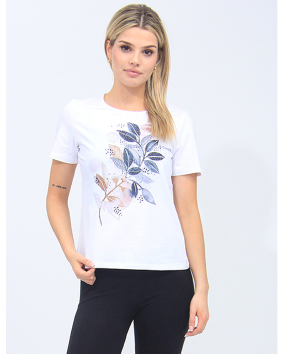 Abstract Floral Printed Short Sleeve Top with Rhinestones By Beta's Choice