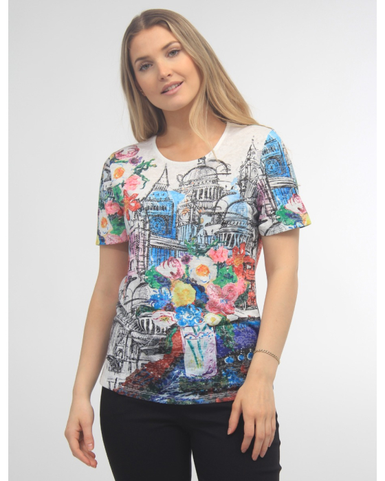 London Landscape Printed Top with Rhinestones By Beta's Choice