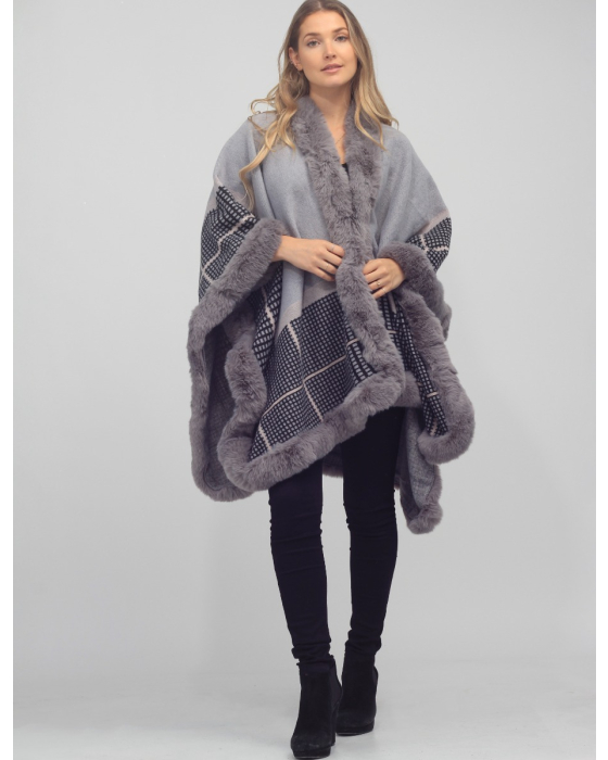 Faux Fur Trimmed Knit Cape in Grey Solid/Check Pattern by Beta's Choice