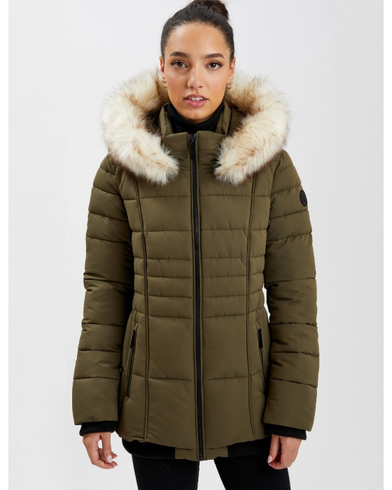 Quilted Vegan Hooded Bomber Jacket with Removable Faux Fur Trim by Point Zero