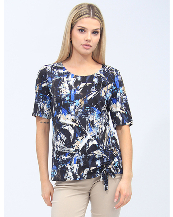 Abstract Printed Short Sleeve Top With Front Tie Gather By Amani Couture