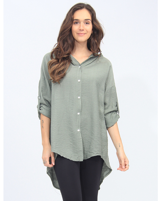 Long Button-down Hooded Shirt with Metallic Leaf Design On The Back By Froccella