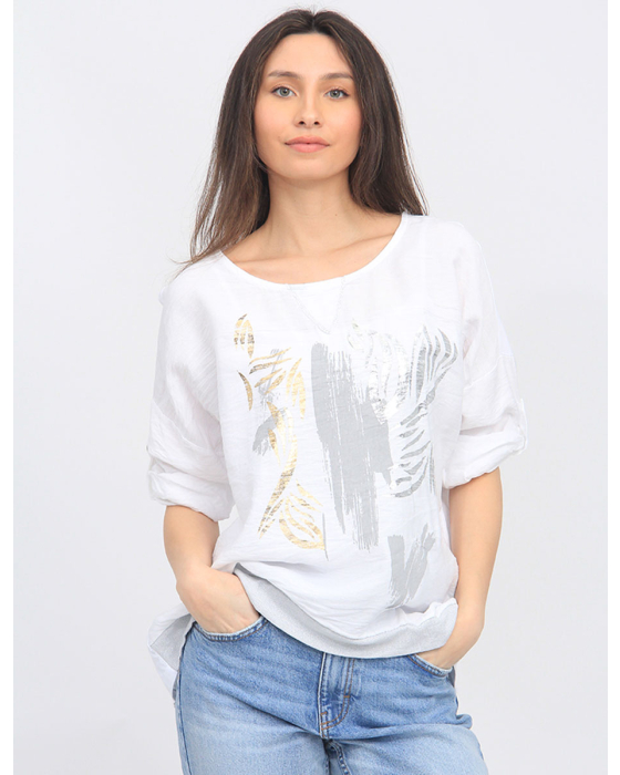 Metallic Foil Abstract Print Three-Quarter Sleeves Crinkled Top by Froccella