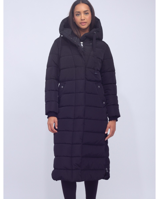 Extra Long Straight Cut Vegan Quilted Cire Coat with Pillow Hood by Snoboll