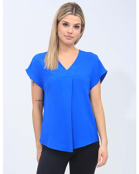 V-Neck Pleat Front Flowy Cap Sleeve Solid Blouse by Vamp