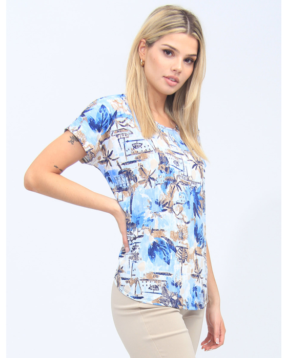Abstract Nautical Palm Tree Print Short Sleeve Stretch Top By Vamp