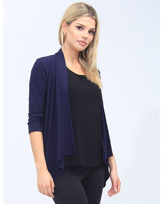 Pointelle Knit Navy Shrug With 3/4 Sleeves And Draped Front By Vamp