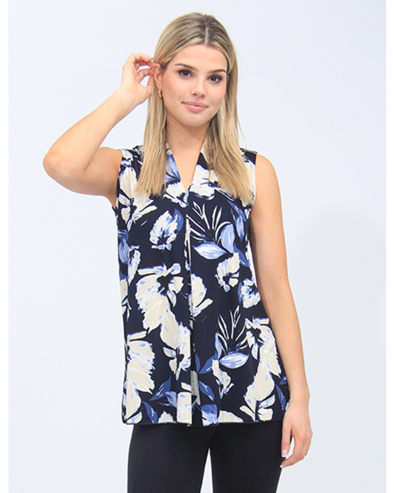Floral Sleeveless V-Neck Top With Front Pleat By Vamp