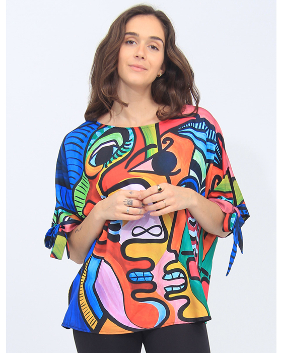 Vibrant Abstract Eye Print Tie-Sleeve Boatneck Top by Froccella