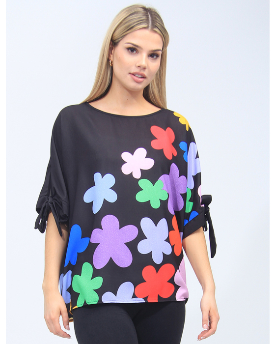 Tie Sleeve Round Neck Colourful Floral Print Top by Froccella