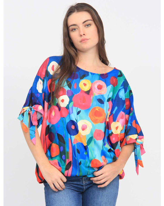 Vibrant Floral Pattern Tie-Sleeve Loose Fit Blouse by Froccella
