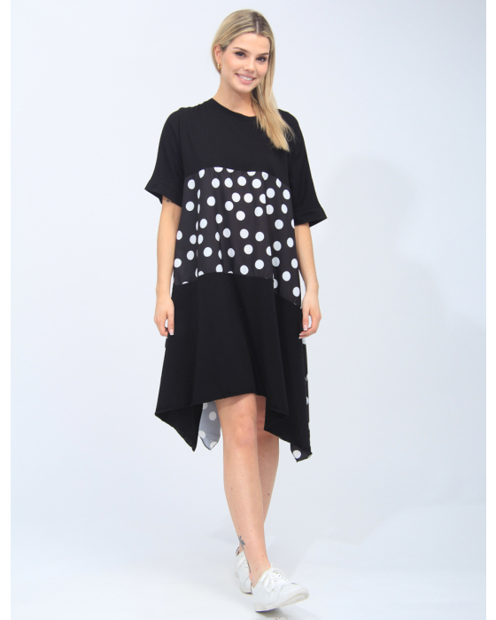 Asymmetrical Black and White Polka Dot Round Neck Dress By Froccella