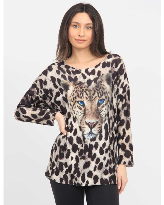 Leopard Print Long Sleeve V-Neck Silver Stitching Top by Froccella
