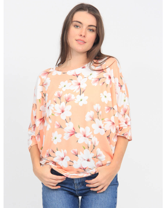 Soft Floral Print Three-Quarter Dolman Sleeve Top by Froccella