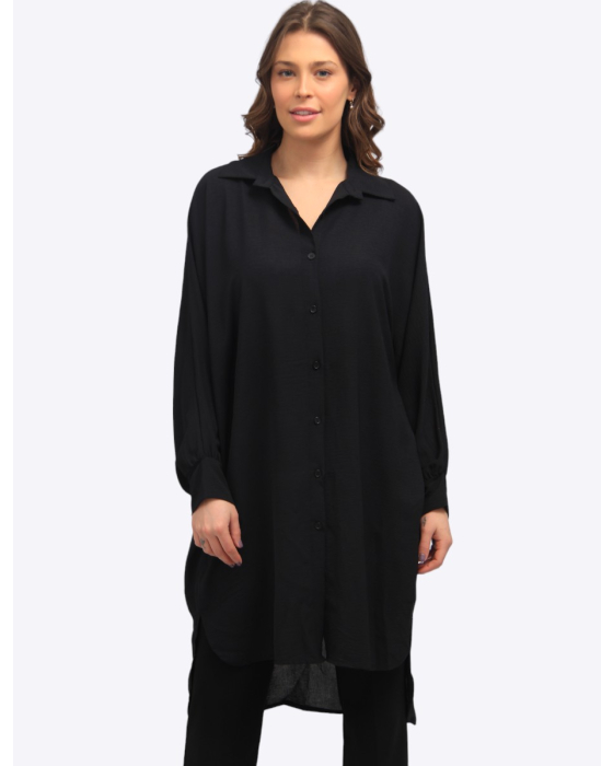 Black Dolman Sleeve Extra Long Button-Down Shirt By Froccella