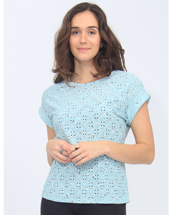 Textured Floral Eyelet design T-Shirt with Cuffed Cap Sleeve by Mandy Evans
