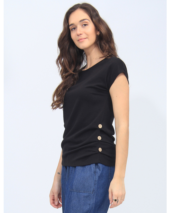 Textured Solid Cap Sleeves T-Shirt with Left Side Buttons by Mandy Evans