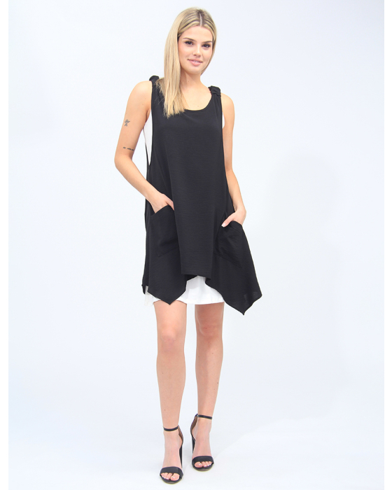 Black And White Sleeveless Two-Layer Dress With Pockets By Devia