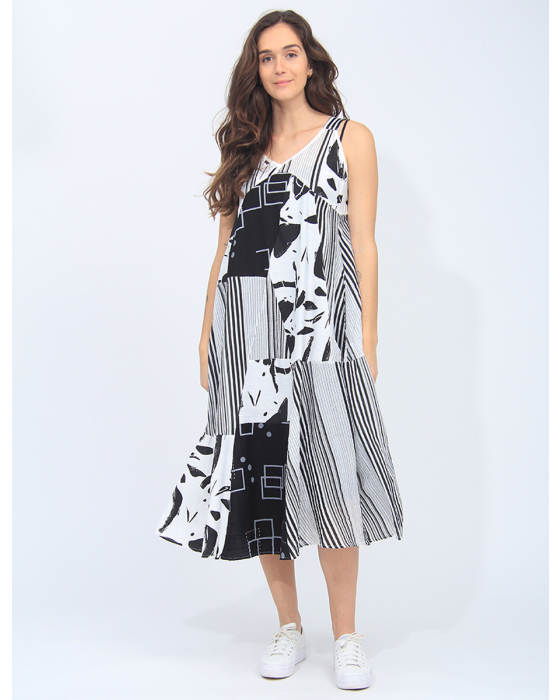 Sleeveless V-neck Patchwork Geometric Print A-Line Dress by Radzoli