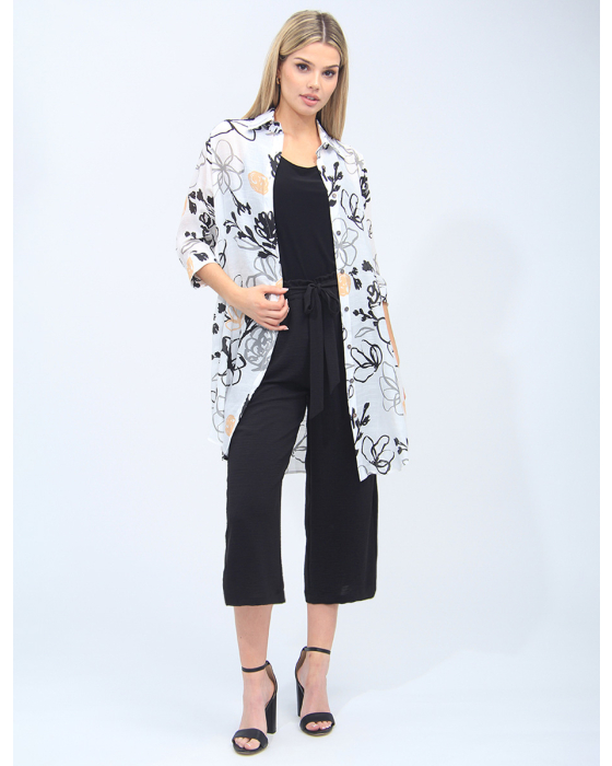 Button-down Floral Long Shirt With Collar And Side Pockets By Fun Sport