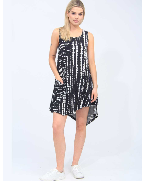 Asymmetrical Sleeveless Black and White Patch Pocket  Dress By Fashion Concepts