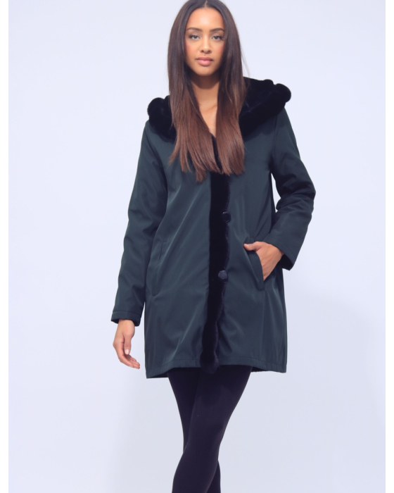 Vegan Hooded Ultra Soft Faux Fur Lining and Trim Jacket by Saki