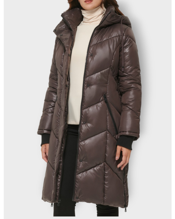 Chevron Quilted Long Hooded Puffer Jacket with Side Zips by Kenneth Cole