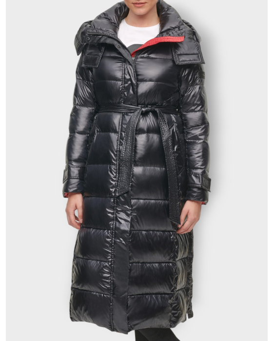 Luxurious Maxi Belted and Hooded Glossy Coat by Karl Lagerfeld