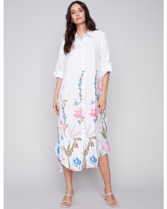 Chic Linen Floral Pastel Print Long Button-down Shirt Dress By Charlie B