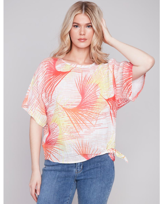 Abstract Print Cotton Blend Dolman Sleeve Side Tie Top By Charlie B