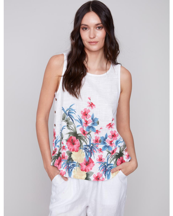 Sleeveless Floral Print Linen Blend Top With Side Button Detail By Charlie B