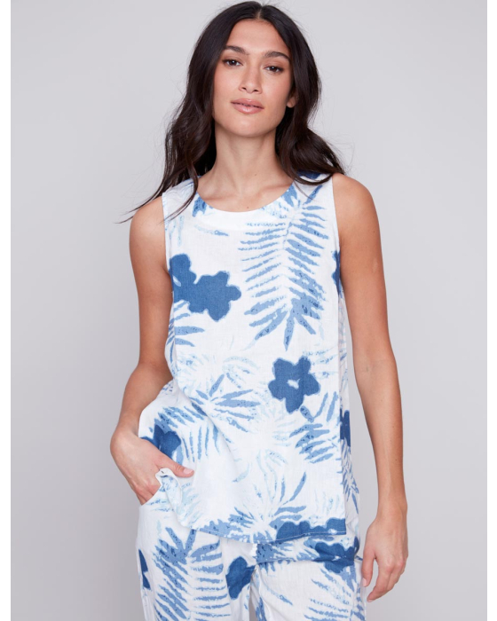 Sleeveless Blue Floral Print Linen Top with Side Slits by Charlie B