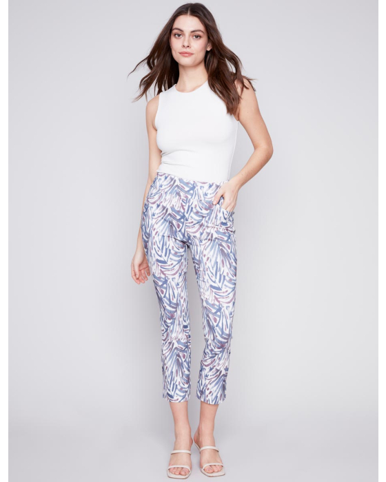 Blue and White Print Stretchy Pull-on Capris With Pockets By Charlie B