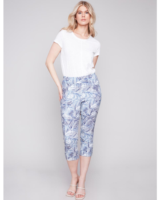 Abstract Blue Leaf Print Stretch Pull-On Capris By Charlie B