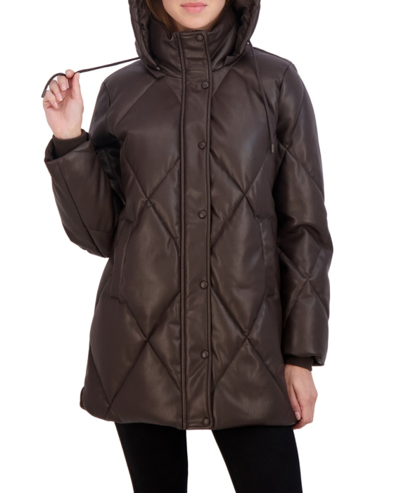 Chic Faux Leather Quilted Hooded Puffer Jacket by Sebby