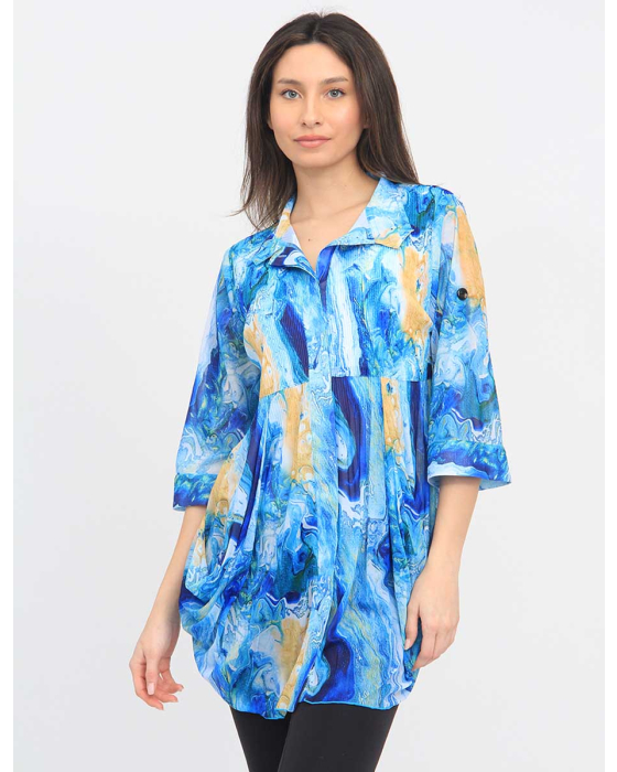 Pleated Blue Abstract Print Pleated Button Down Tunic With 3/4 Sleeves by Lindi