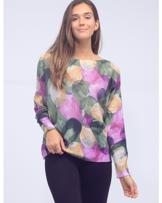 Purple Circle Print Dolman Sleeve Round Neck Top by Froccella