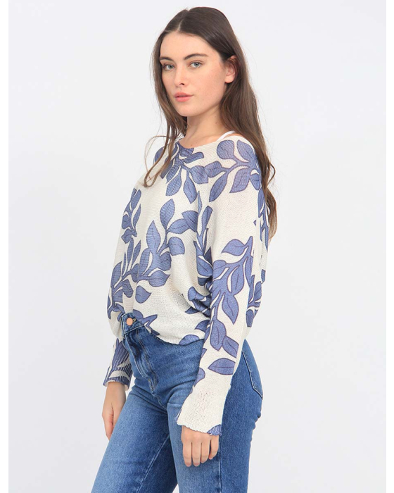 Long Dolman Sleeve Scoop V-Neck White and Blue Leaf Print Knit Top by Froccella