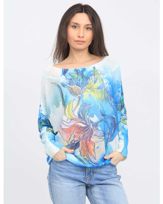 Colourful Floral Print Long Dolman Sleeve Boat Neck Knit Top by Froccella