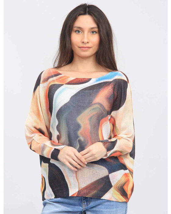 Abstract Face Print Long Dolman Sleeve Boat Neck Knit Top by Froccella